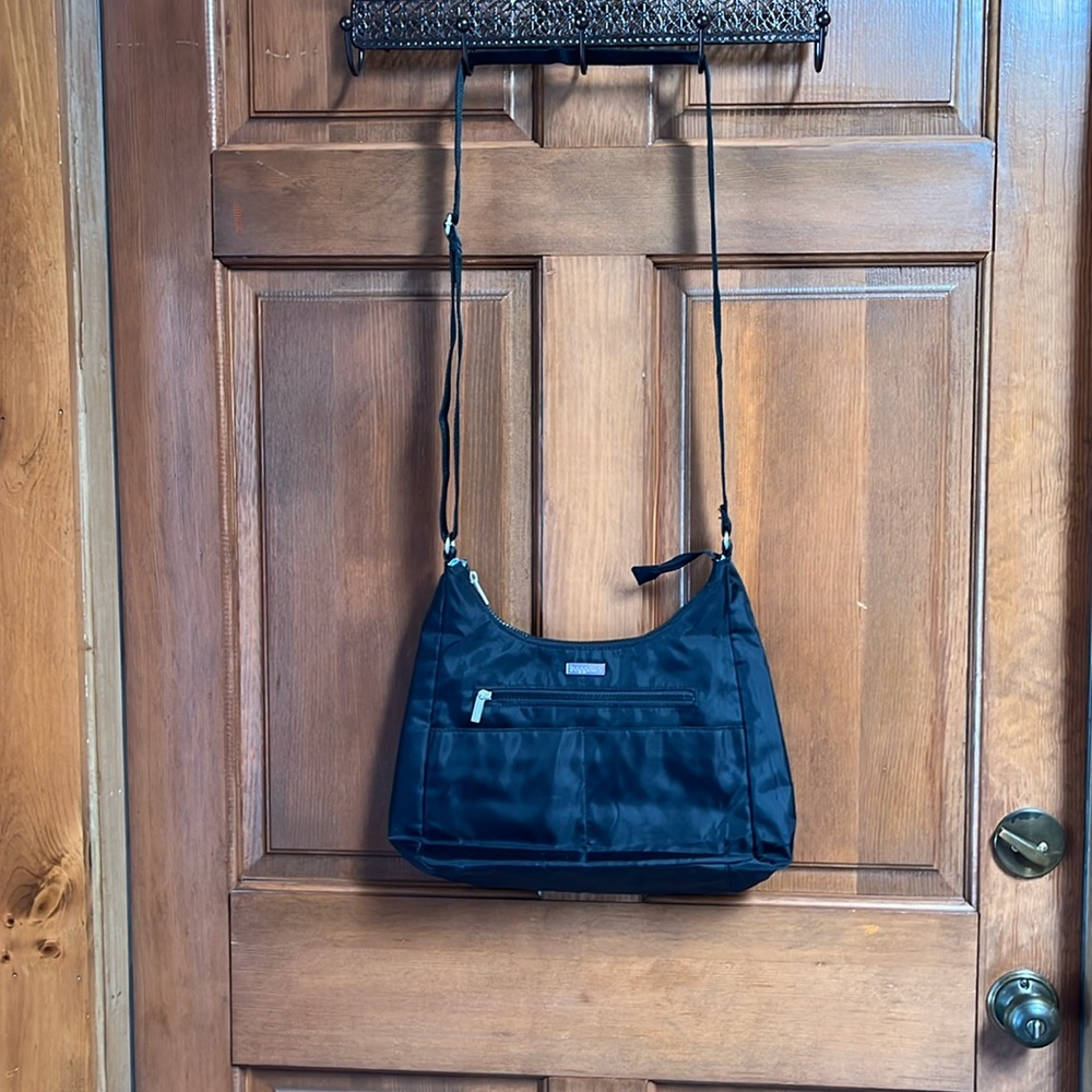 BAGGALINI Black Canvas Front Zip Back Pocket Crossbody Bag